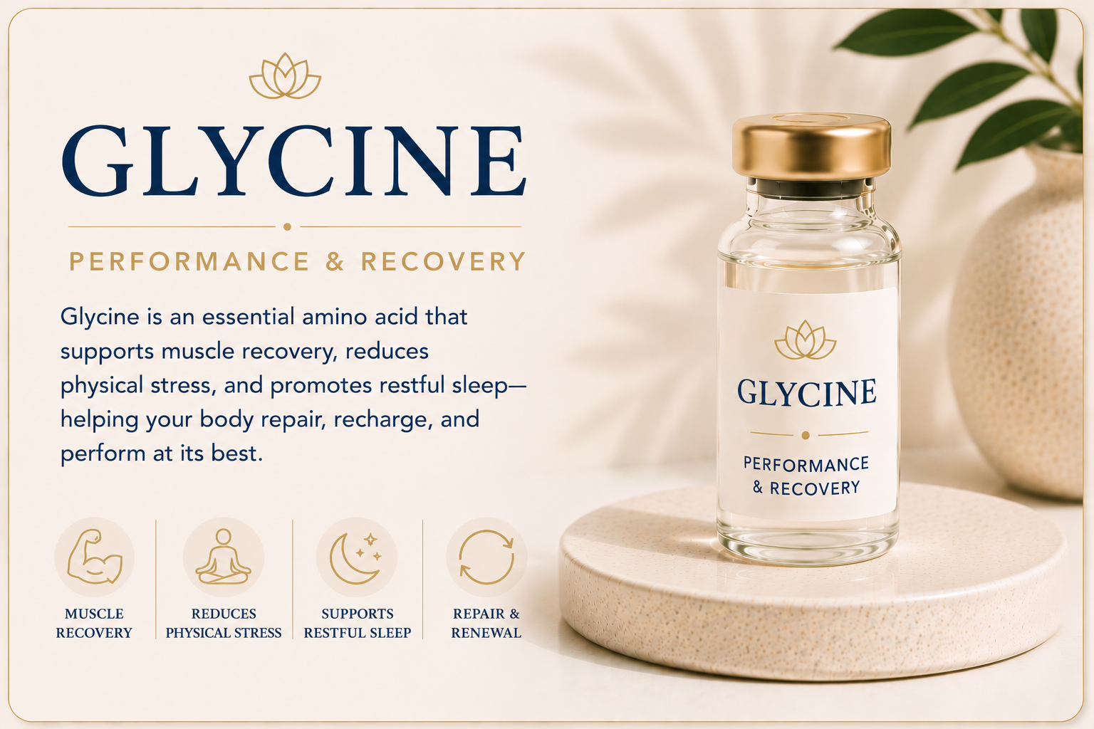 Educational overview of Glycine supporting muscle recovery, tissue repair, restorative sleep, collagen production, and overall physical recovery.