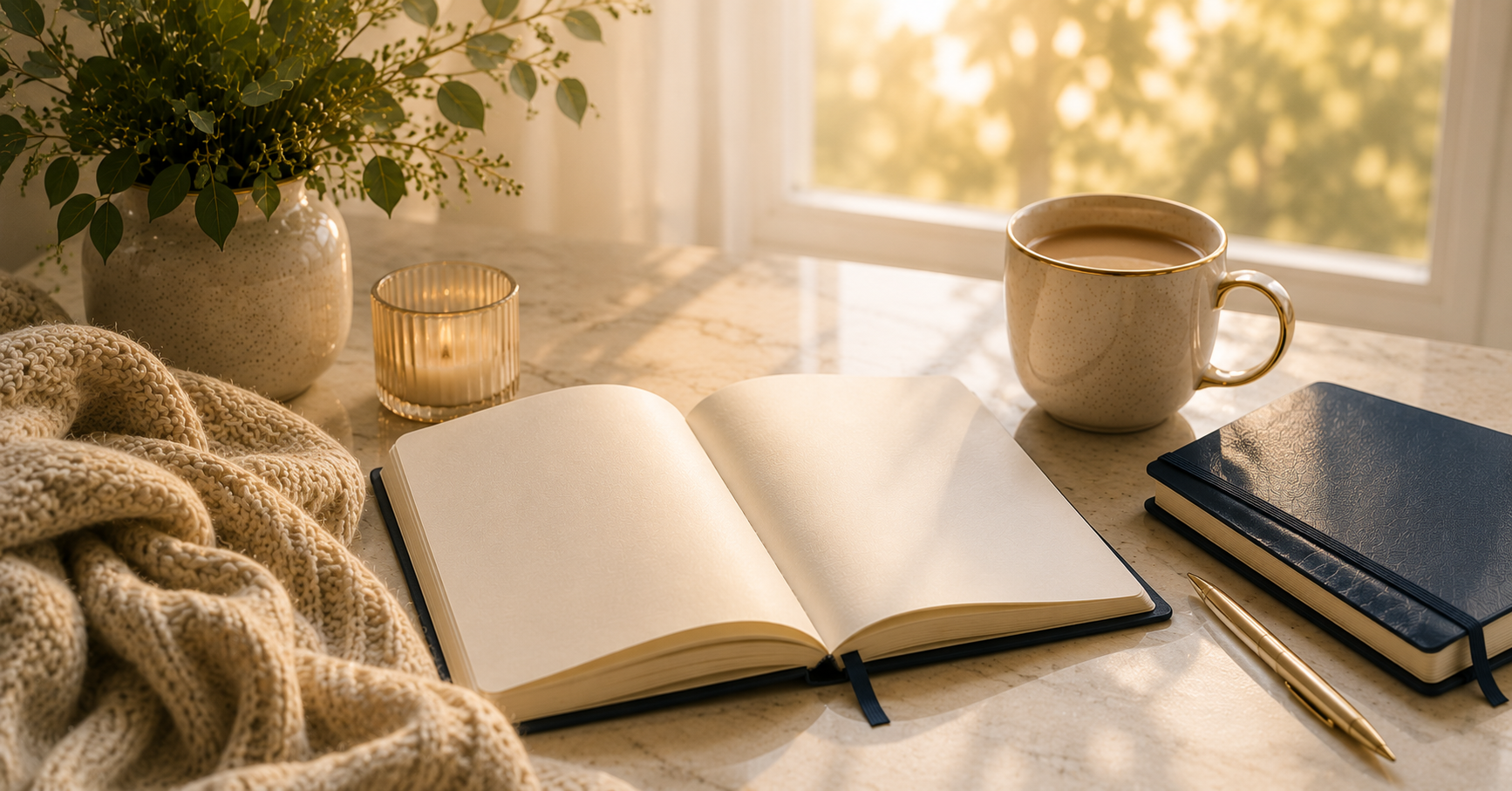 Peaceful journal, planner, and coffee beside a sunlit window representing confidence, preparation, and feeling ready for an important healthcare appointment.