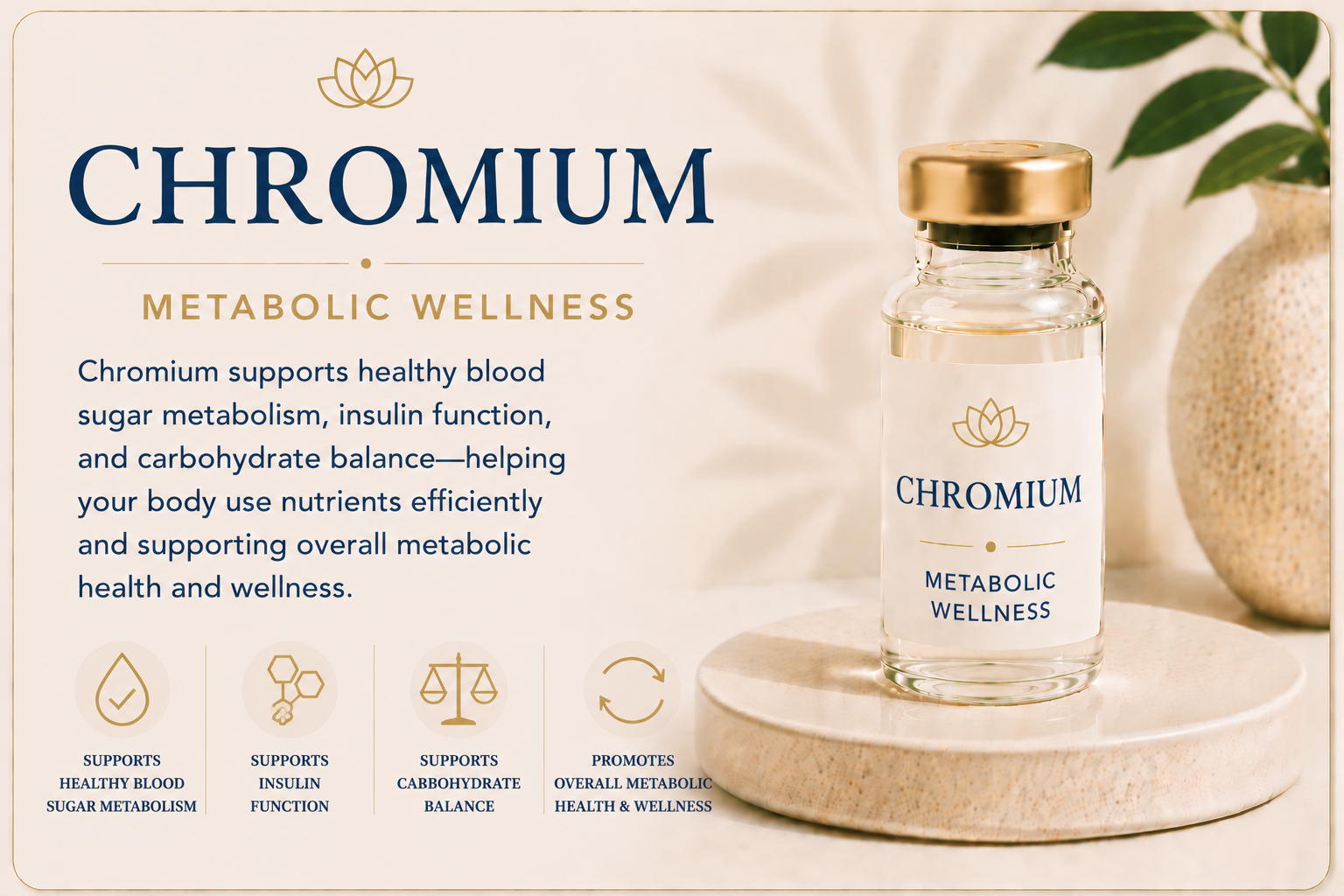 Educational overview of Chromium supporting healthy blood sugar metabolism, insulin function, carbohydrate metabolism, and overall metabolic health.