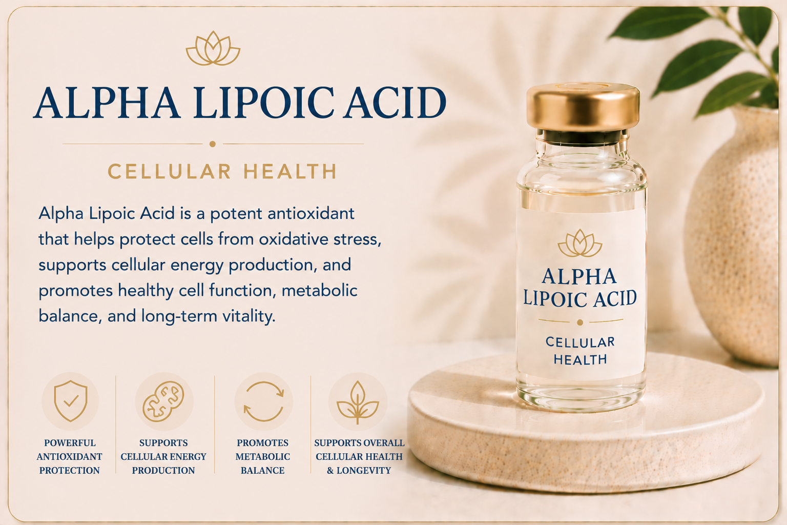 Educational overview of Alpha Lipoic Acid supporting antioxidant protection, cellular energy production, healthy cell function, and protection from oxidative stress.