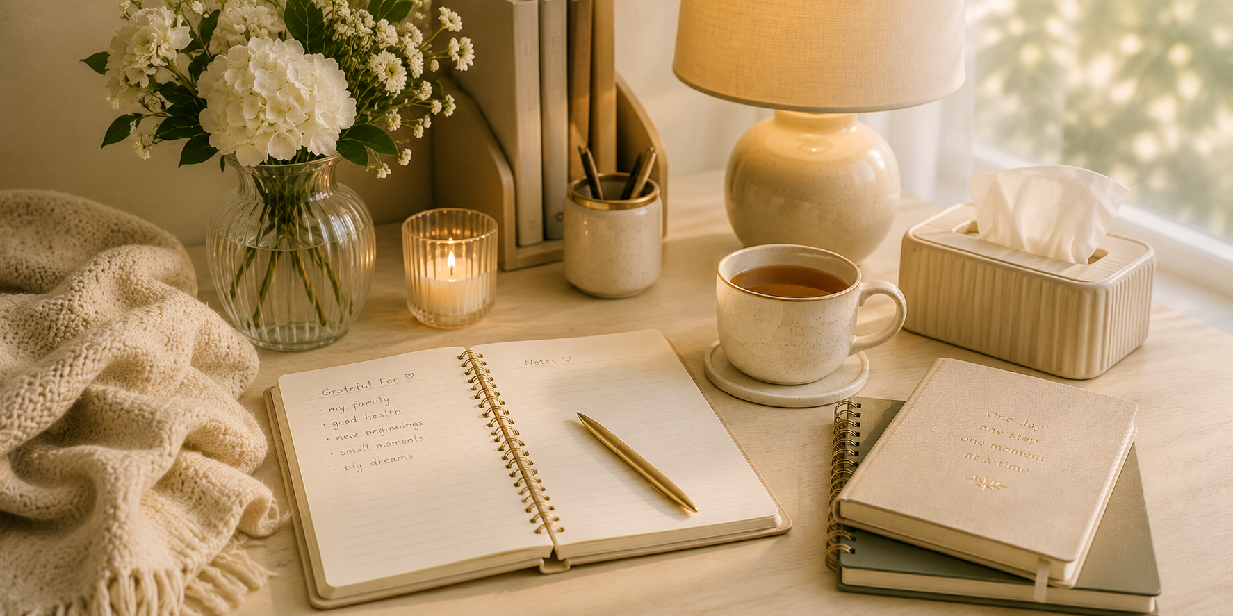 Comfortable home setting with journal and calming décor representing caregiver education, support, and confidence during recovery.
