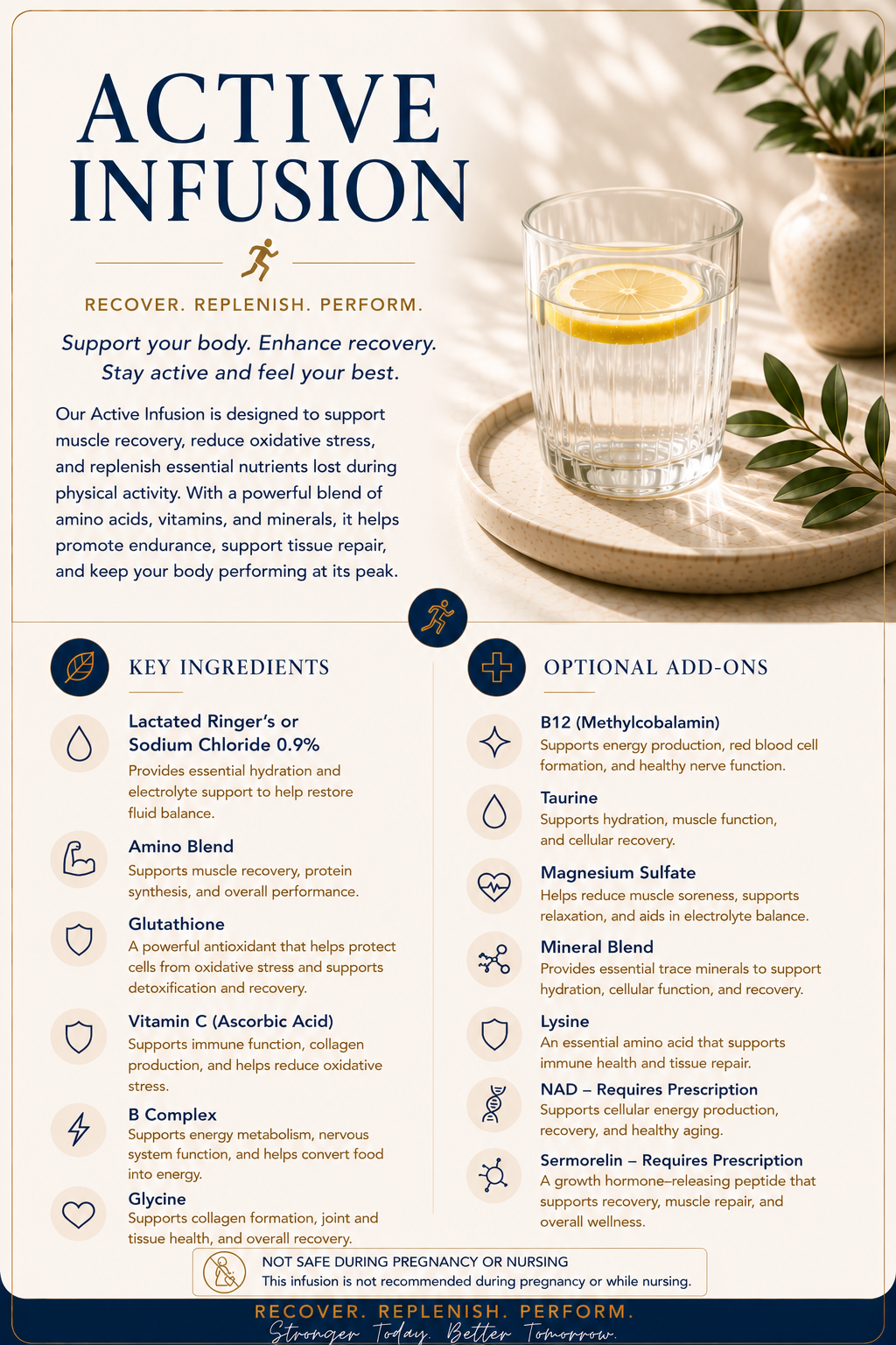 Educational wellness graphic explaining the Active Infusion and how it supports post-activity recovery, hydration, antioxidant protection, muscle repair, and overall performance. Features Amino Blend, Glutathione, Vitamin C (Ascorbic Acid), B Complex