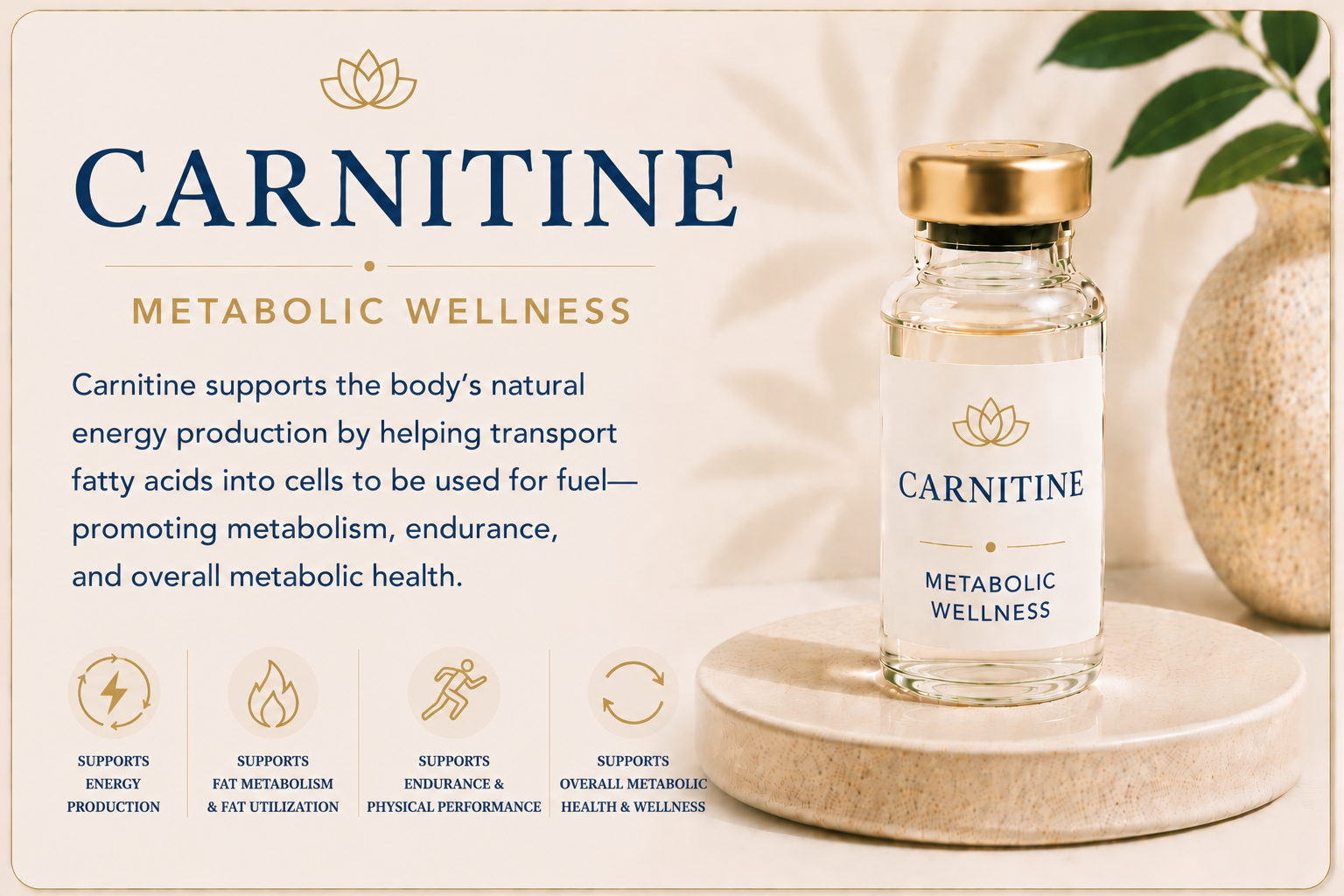 Educational overview of L-Carnitine supporting fat metabolism, cellular energy production, nutrient utilization, and overall metabolic wellness.
