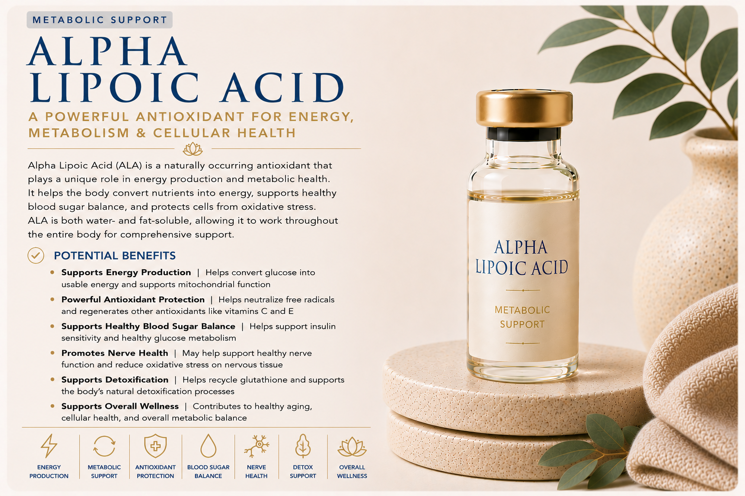 Educational wellness graphic explaining Alpha Lipoic Acid (ALA) and how it supports antioxidant protection, healthy glucose metabolism, energy production, nerve health, cellular function, and overall wellness.