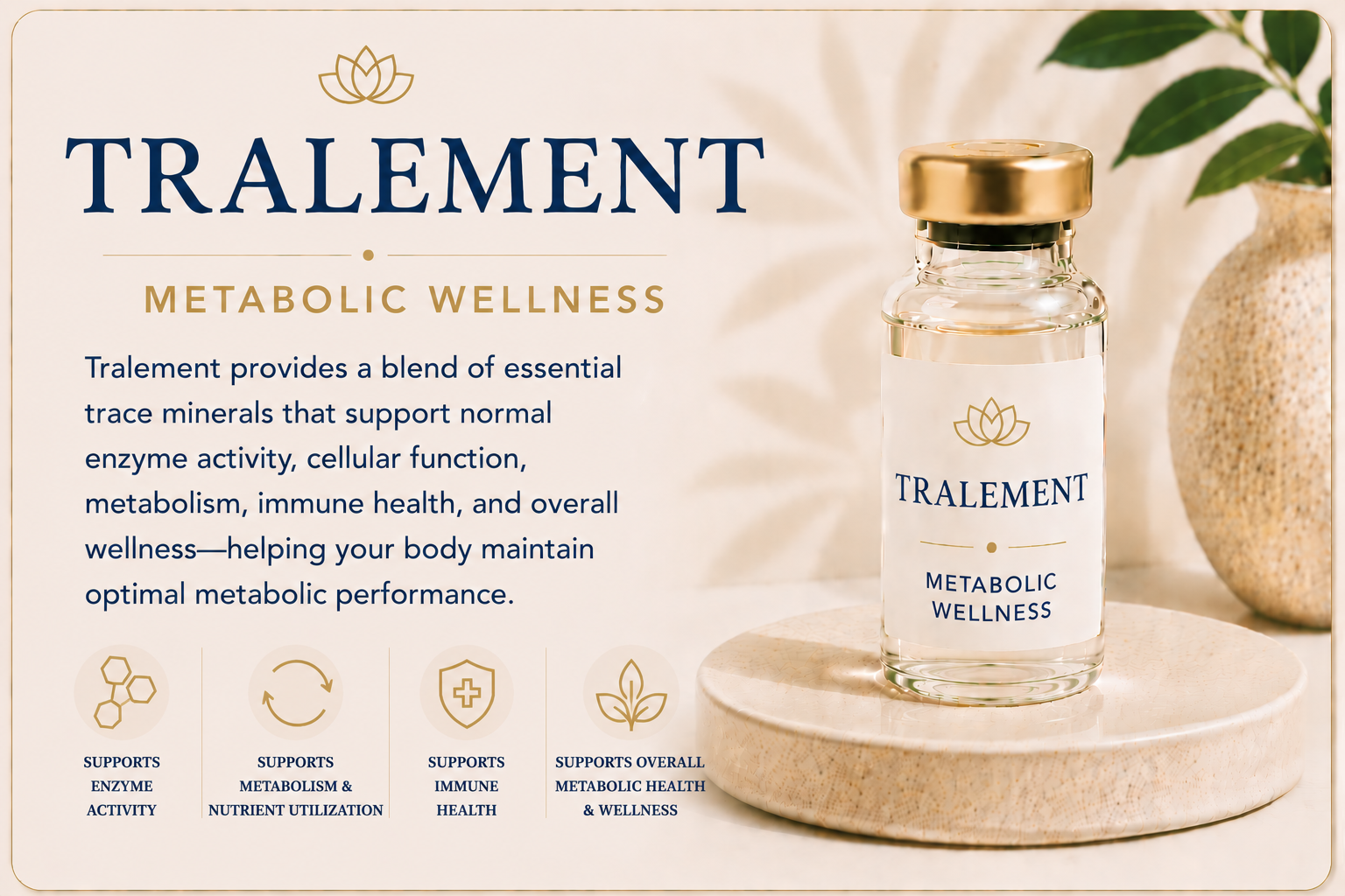 Educational overview of Tralement providing essential trace minerals that support enzyme activity, metabolism, nutrient utilization, immune health, and overall metabolic wellness.