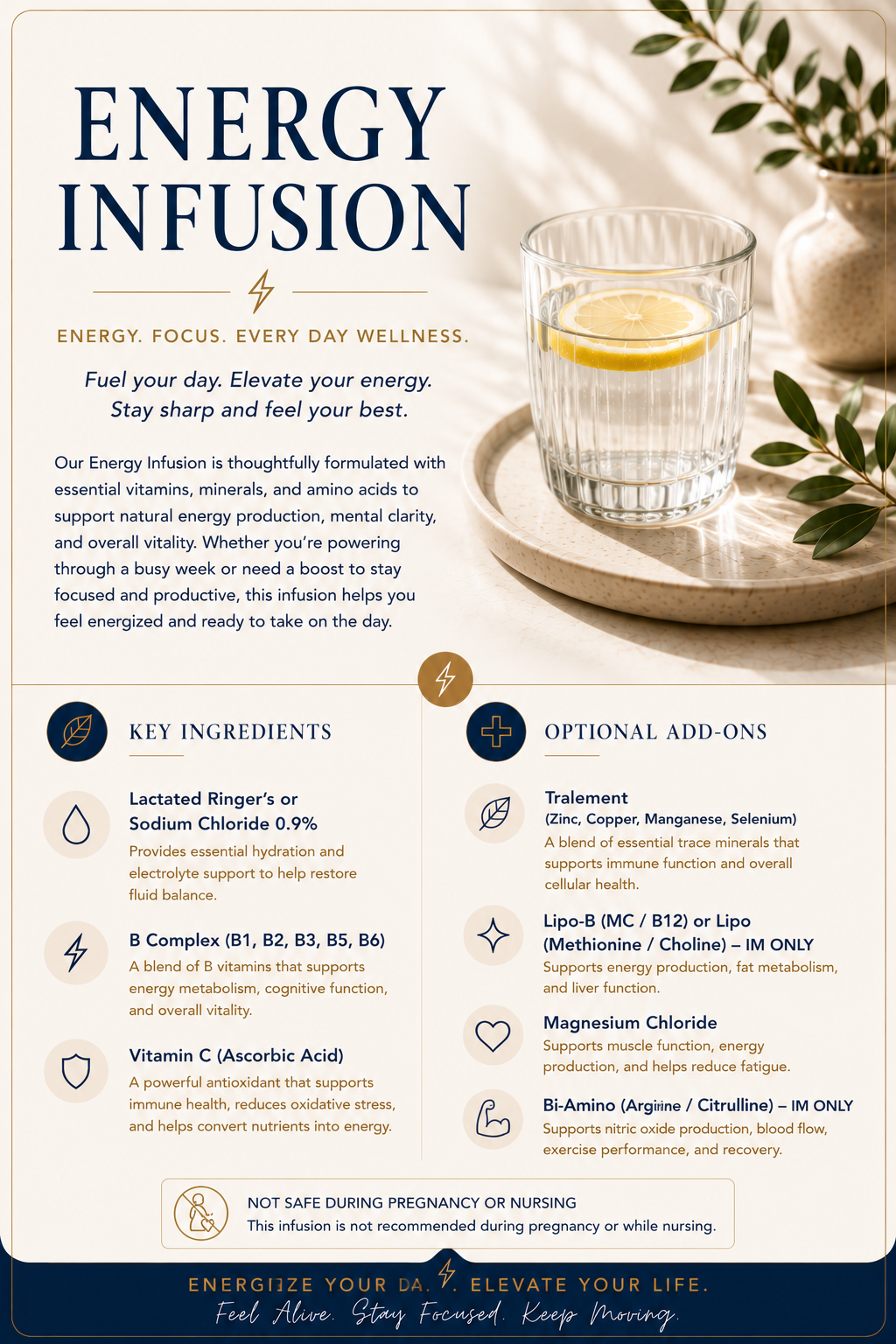Educational wellness graphic explaining the Energy Infusion and how it supports natural energy production, mental focus, hydration, and overall vitality. Features B Complex, Vitamin C (Ascorbic Acid), and a hydration base with optional Tralement, Lip