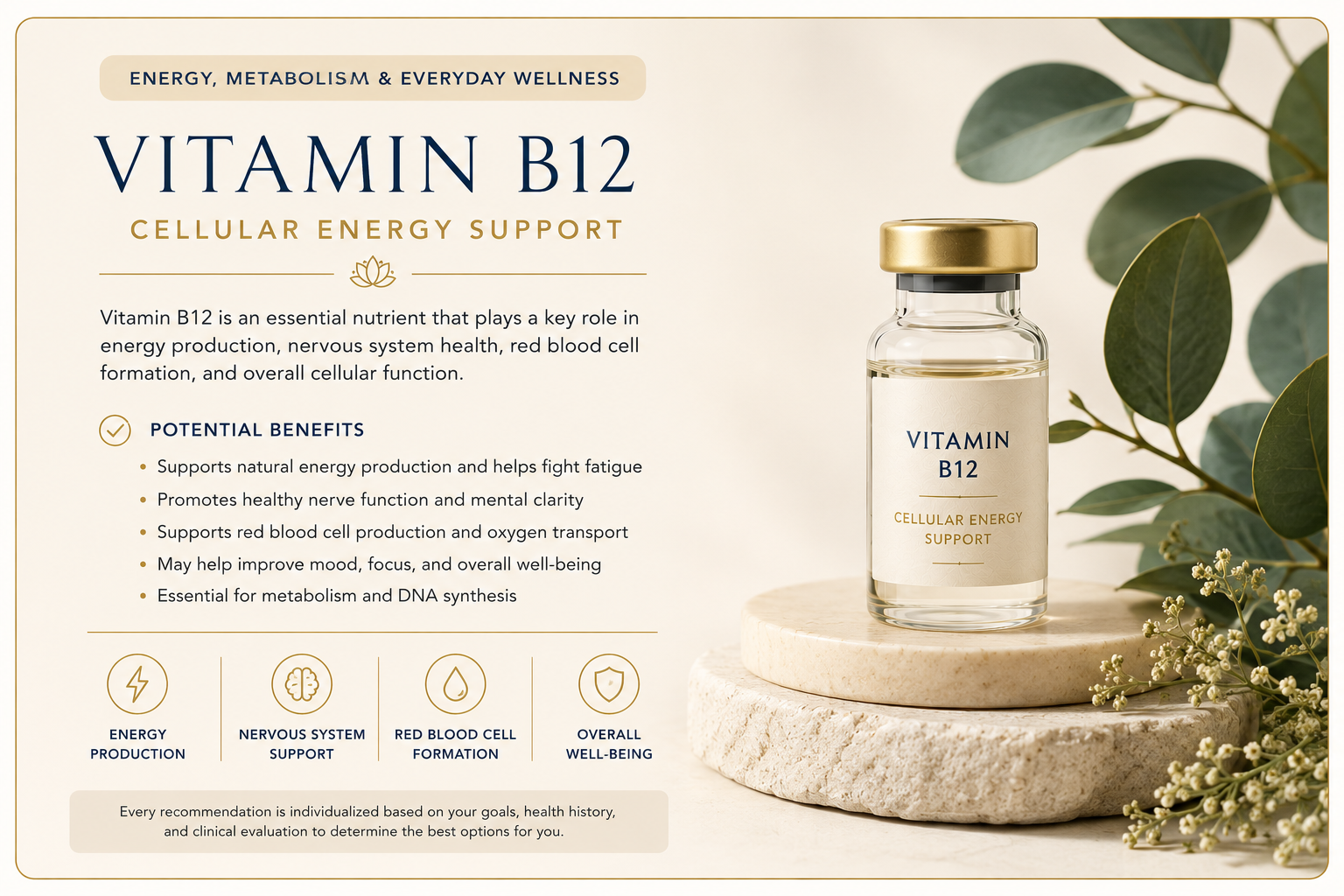 Educational wellness graphic explaining Vitamin B12 and how it supports cellular energy production, nervous system health, red blood cell formation, metabolism, and overall wellness.