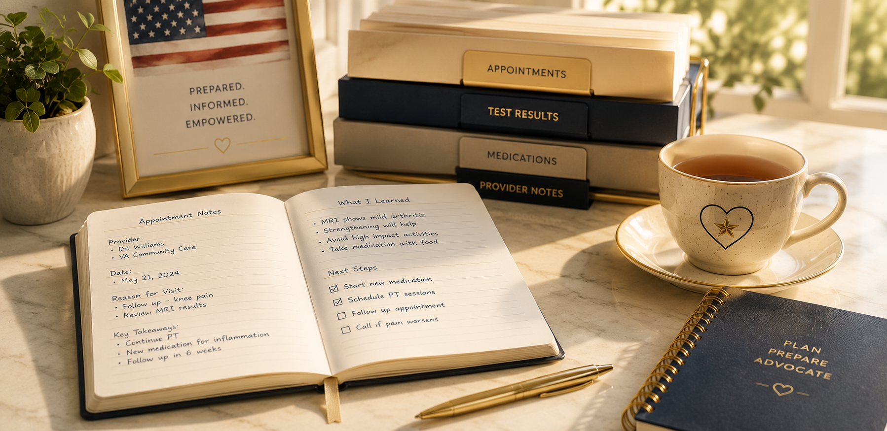 Organized notebook and healthcare planning materials representing taking notes and understanding important medical information during an appointment.