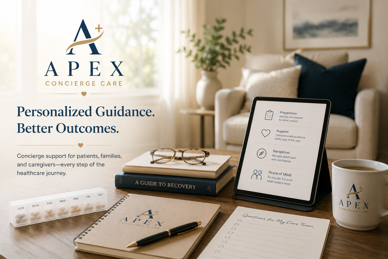 Apex Concierge Care workspace with healthcare planning materials, notebook, tablet, and educational resources representing nurse-led healthcare navigation and wellness services.
