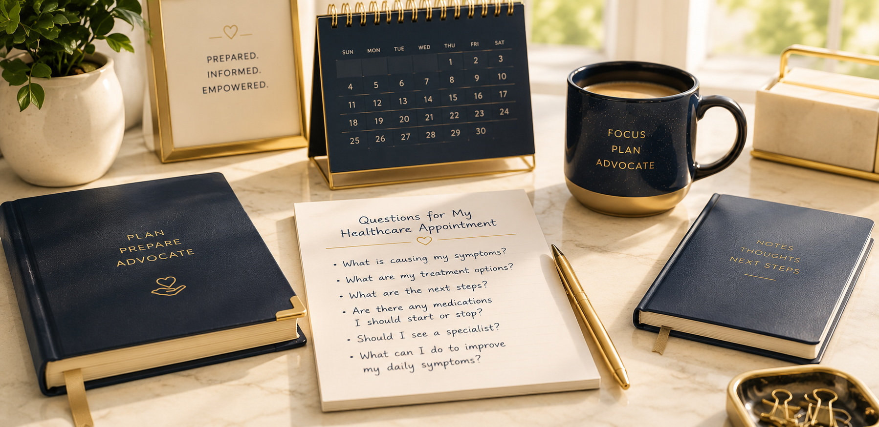 Planner and handwritten healthcare questions illustrating how preparing concerns ahead of a medical appointment can improve communication with healthcare providers.