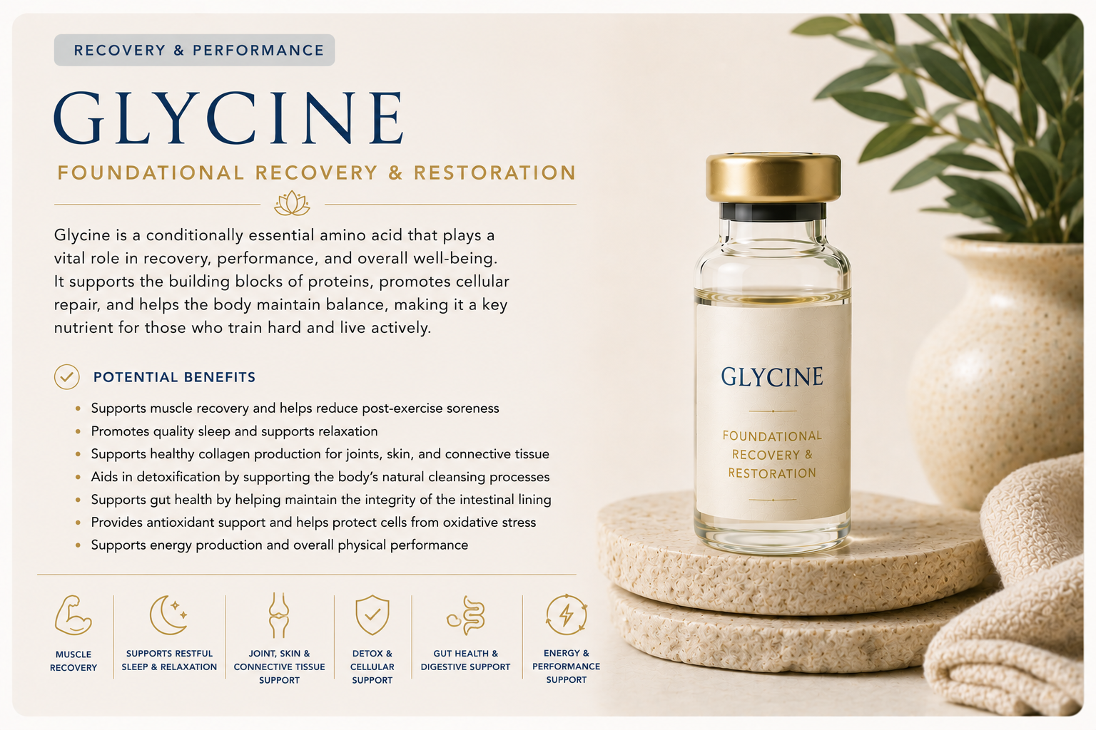 Educational wellness graphic explaining Glycine and how it supports muscle recovery, collagen production, restorative sleep, tissue repair, and overall wellness.