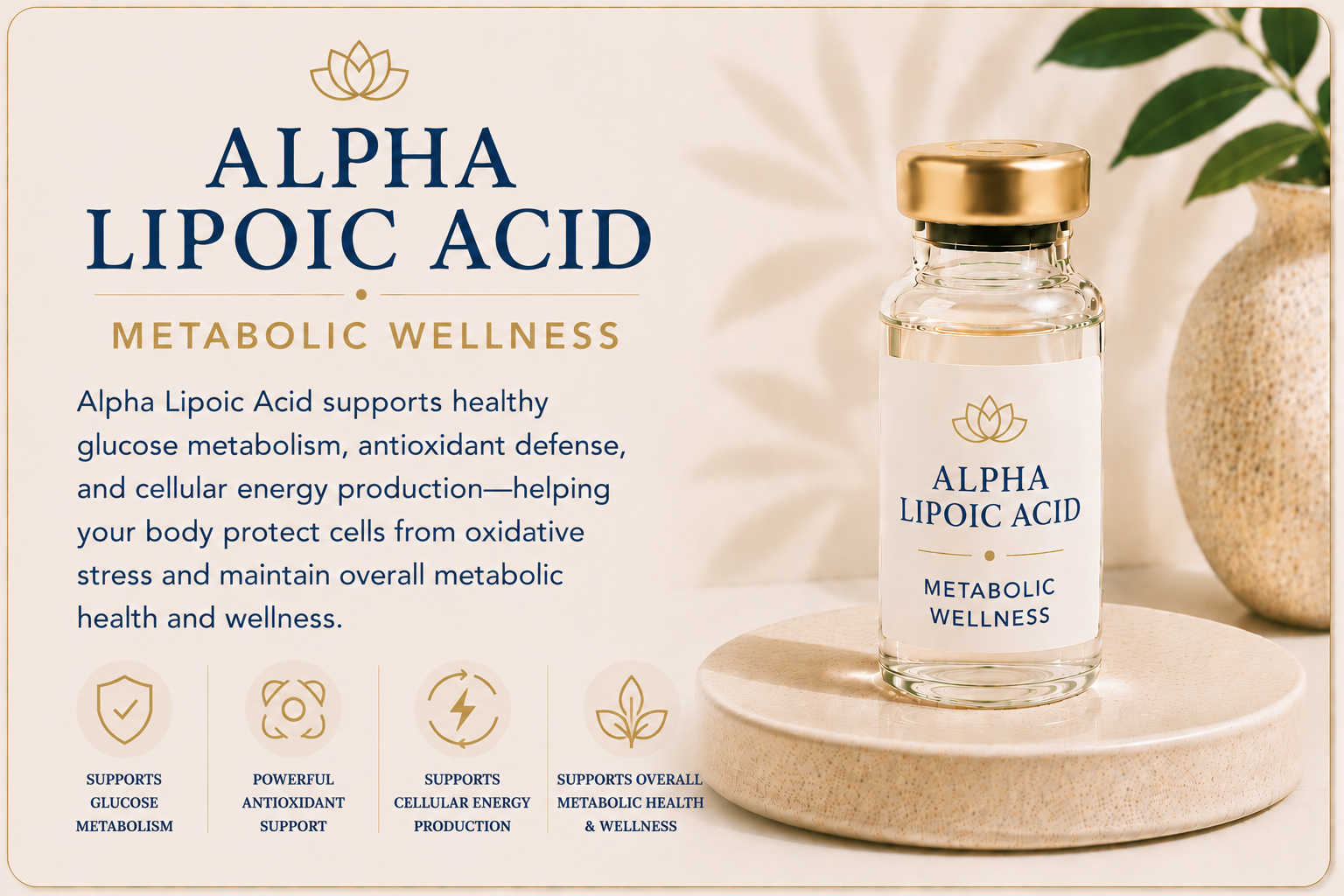 Educational overview of Alpha Lipoic Acid supporting healthy glucose metabolism, antioxidant protection, cellular energy production, and metabolic wellness.