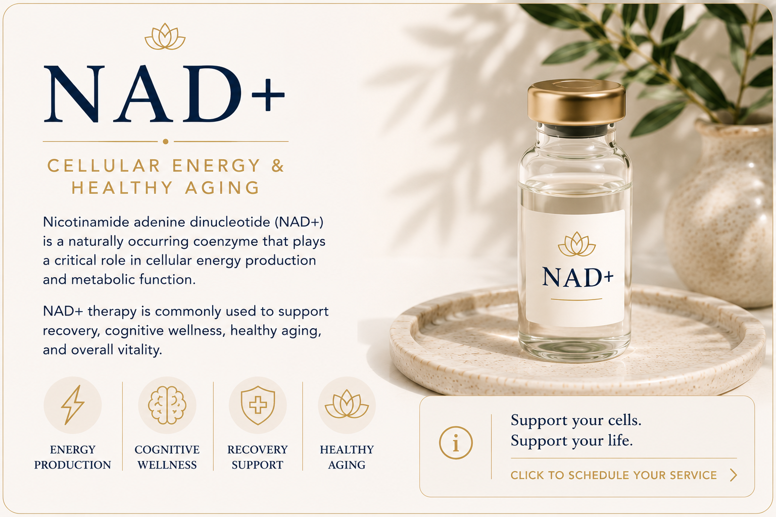 Educational overview of NAD+ therapy for cellular energy, healthy aging, recovery, cognitive wellness, and overall vitality.