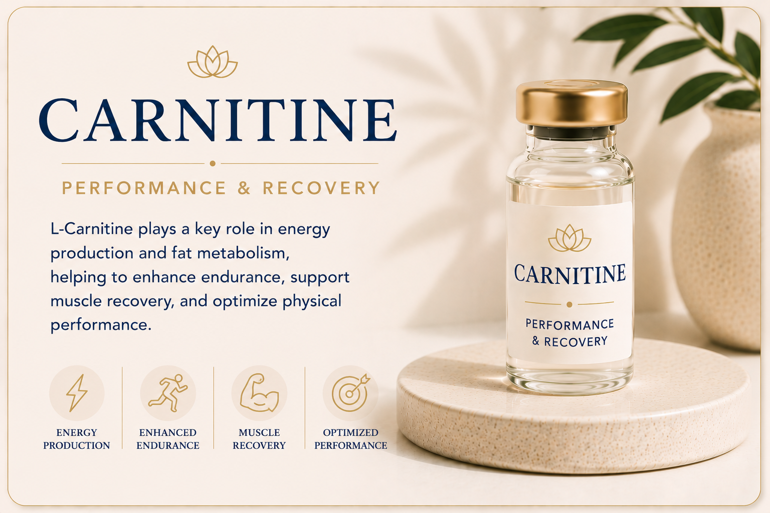 Educational overview of L-Carnitine supporting energy production, endurance, exercise recovery, metabolism, and overall physical performance.