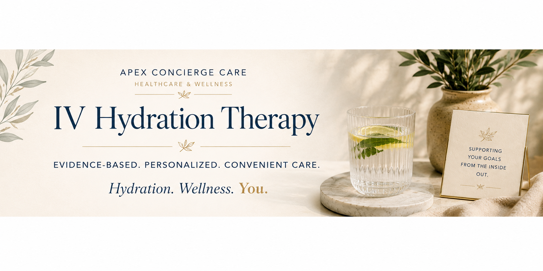 Educational banner introducing IV hydration therapy with a calm wellness-inspired setting featuring lemon water, natural botanicals, and elegant spa-inspired décor.