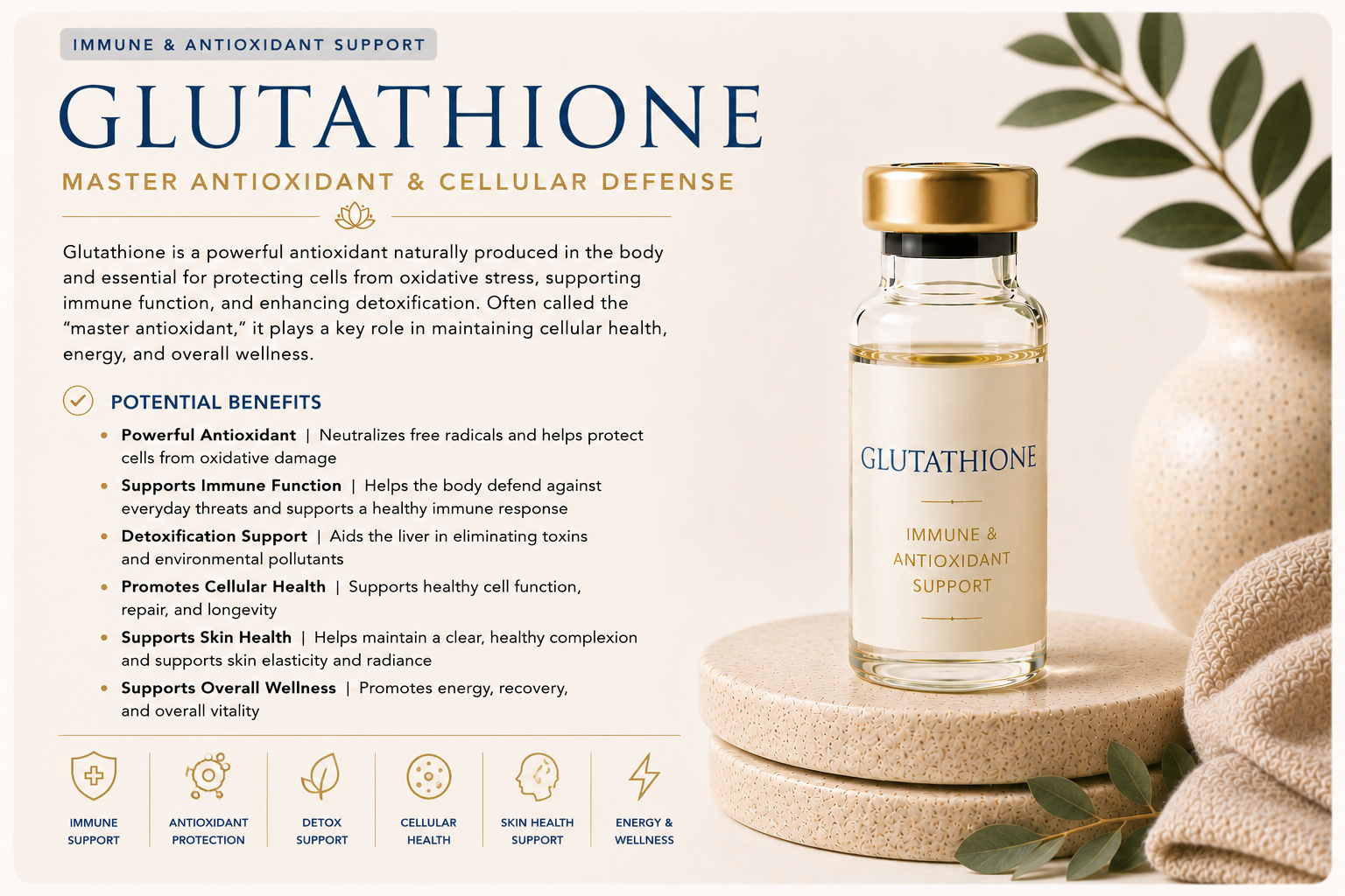 Educational wellness graphic explaining Glutathione and how it supports antioxidant protection, detoxification, immune function, cellular health, skin health, and overall wellness.