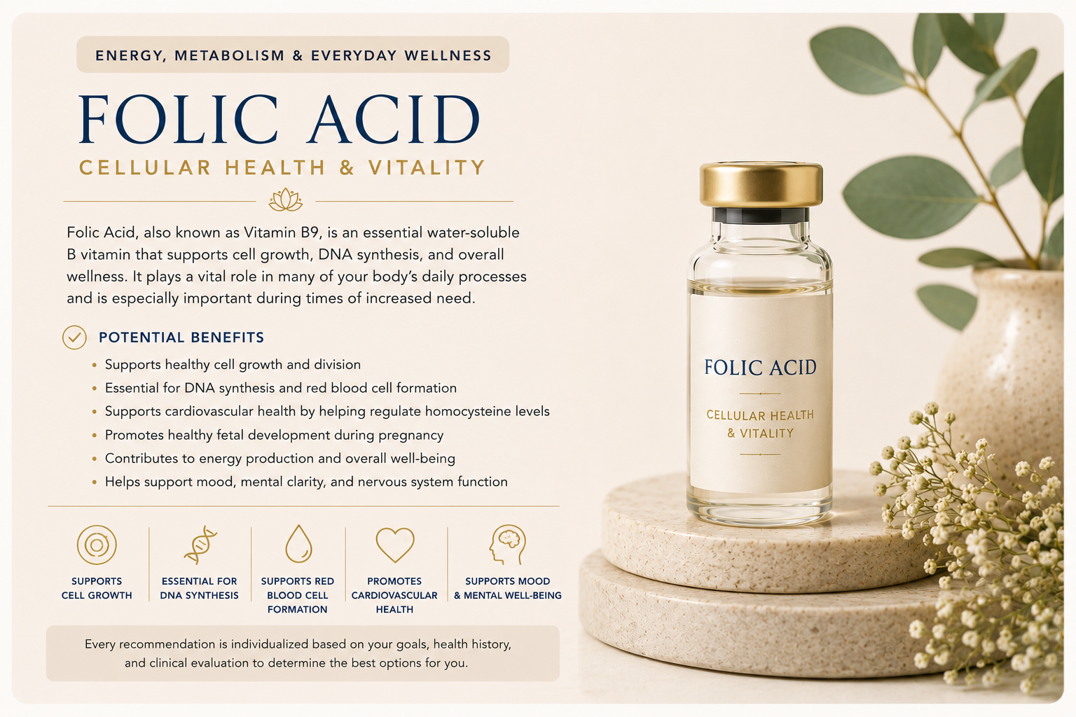 Educational wellness graphic explaining Folic Acid (Vitamin B9) and its role in supporting DNA synthesis, healthy cell growth, red blood cell formation, cardiovascular health, and overall wellness.