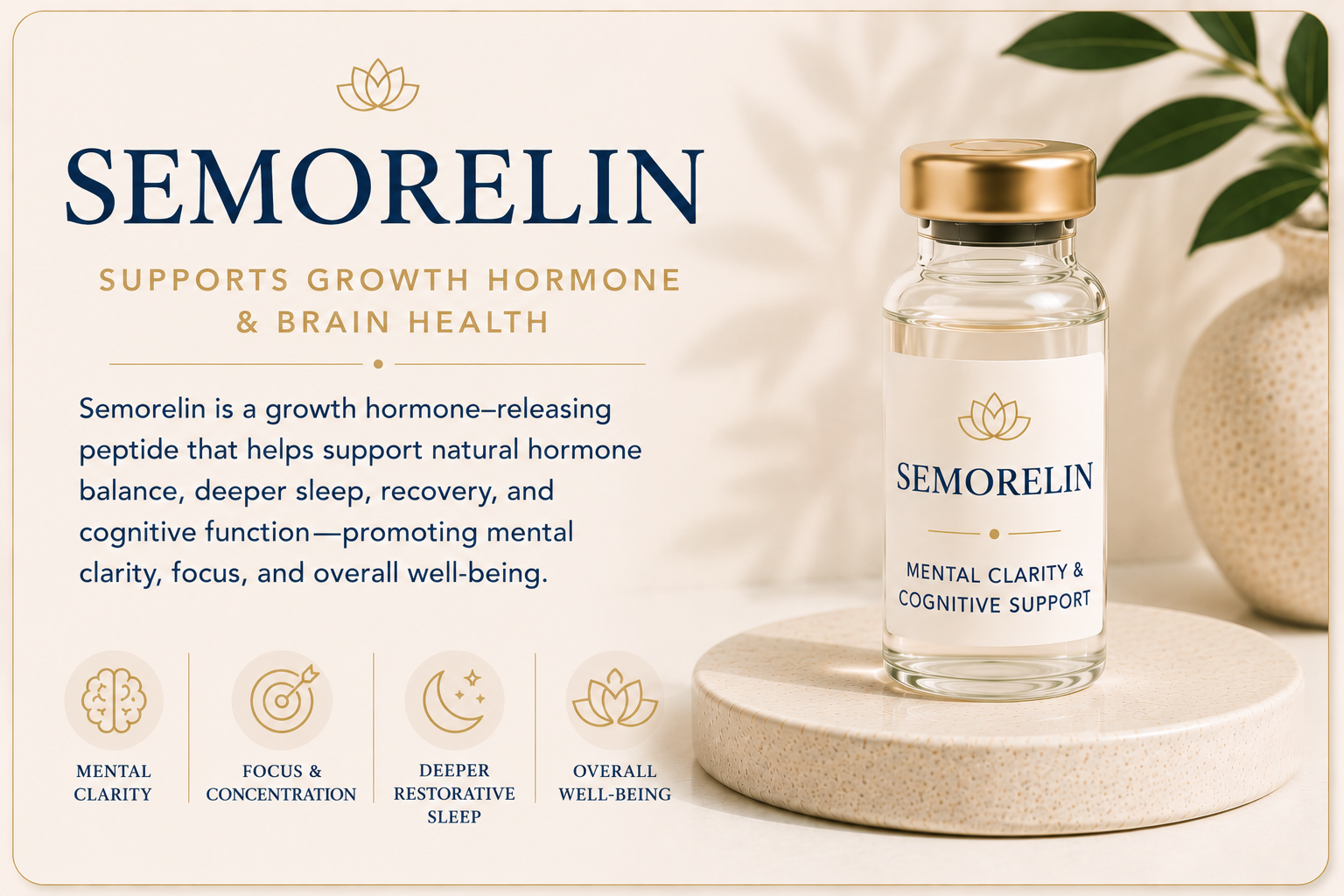 Educational overview of Sermorelin supporting healthy growth hormone production, restorative sleep, recovery, cognitive wellness, and mental clarity.