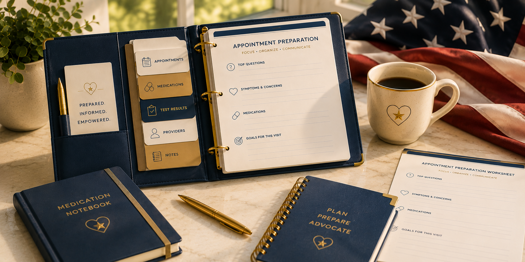 Healthcare binder and appointment preparation materials organized together to support productive VA and Community Care appointments.
