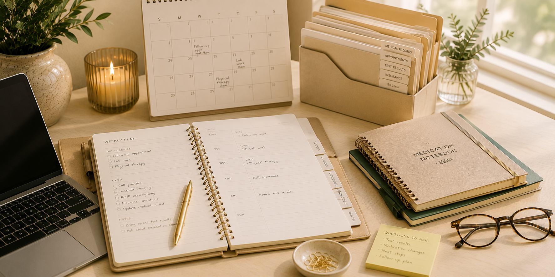 Healthcare planning workspace with organized notes, calendar, and notebook representing appointment preparation and healthcare organization.