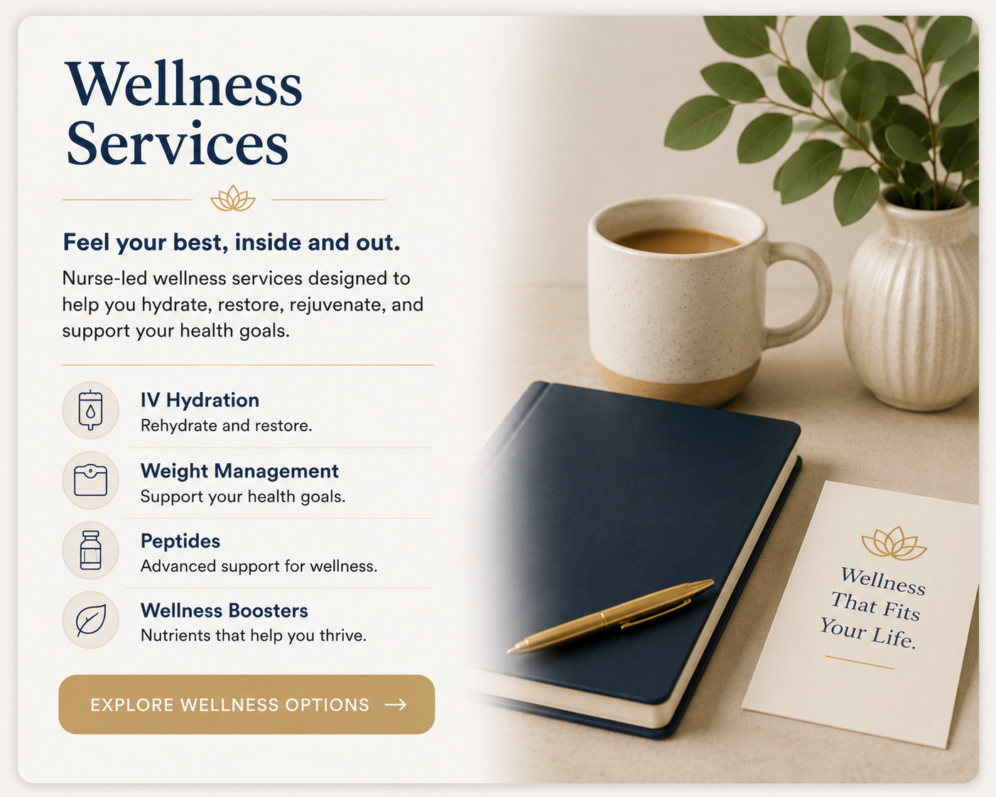Mobile wellness services highlighting IV hydration, weight management, peptide therapy, and wellness boosters with a relaxing workspace featuring a notebook, coffee mug, and wellness décor.