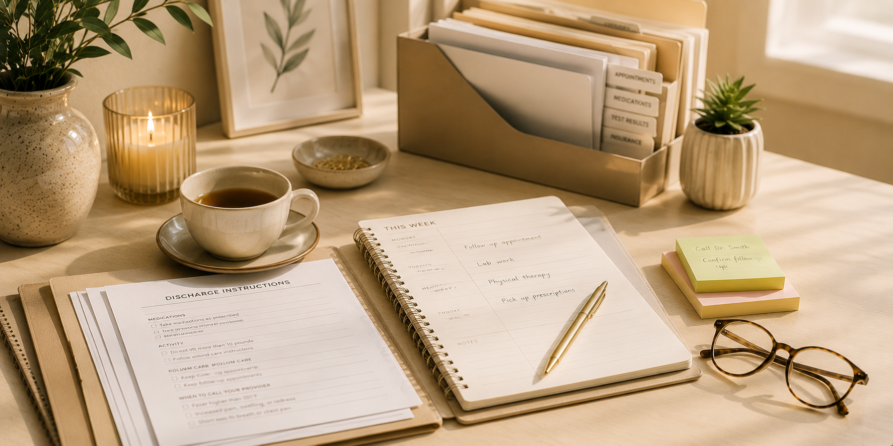 Organized healthcare documents, planner, and notebook representing patient education, healthcare organization, and confident recovery at home.