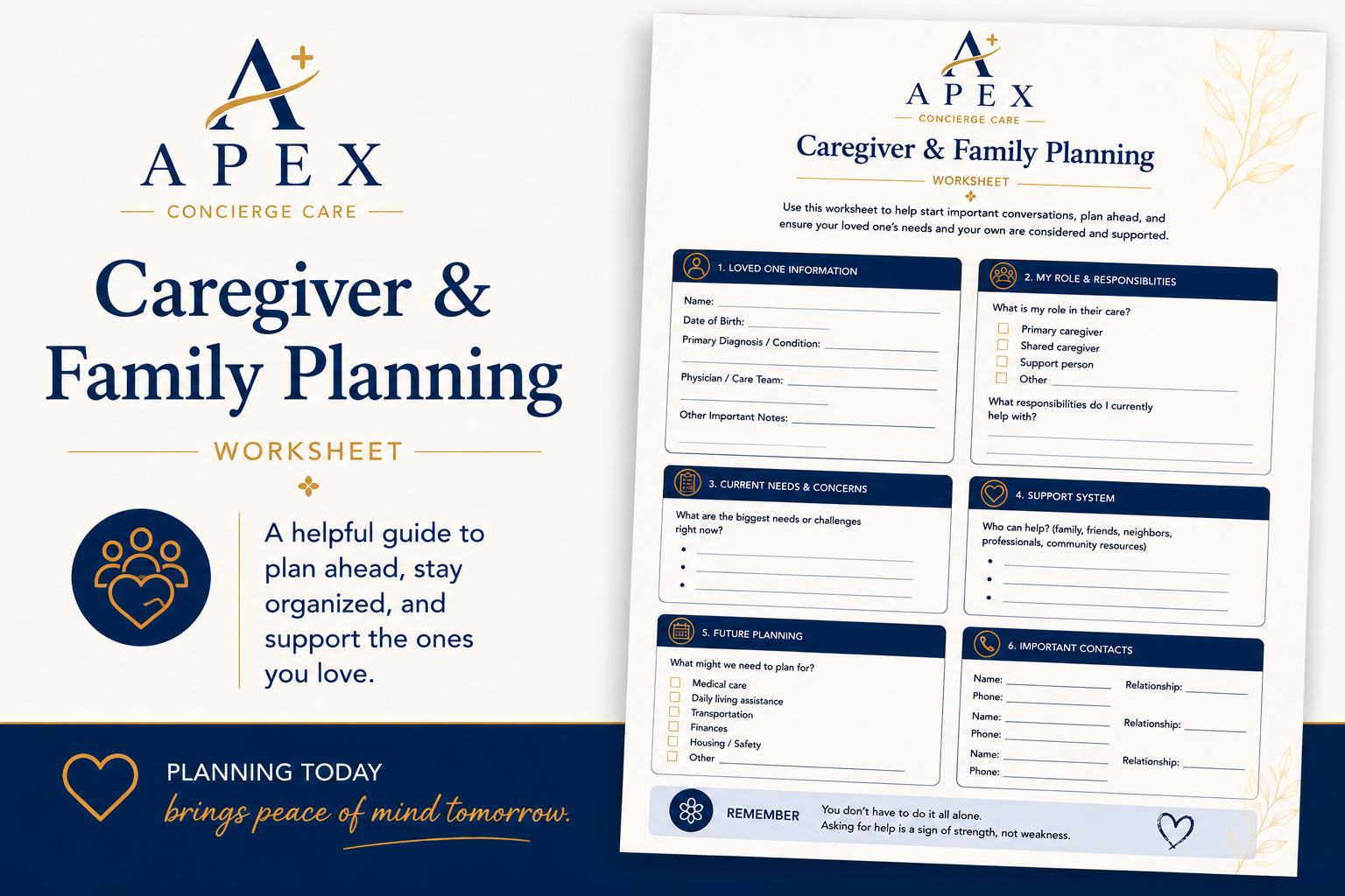 Free Family & Caregiver Planning Worksheet from Apex Concierge Care to help caregivers organize healthcare information, appointments, and support for loved ones.