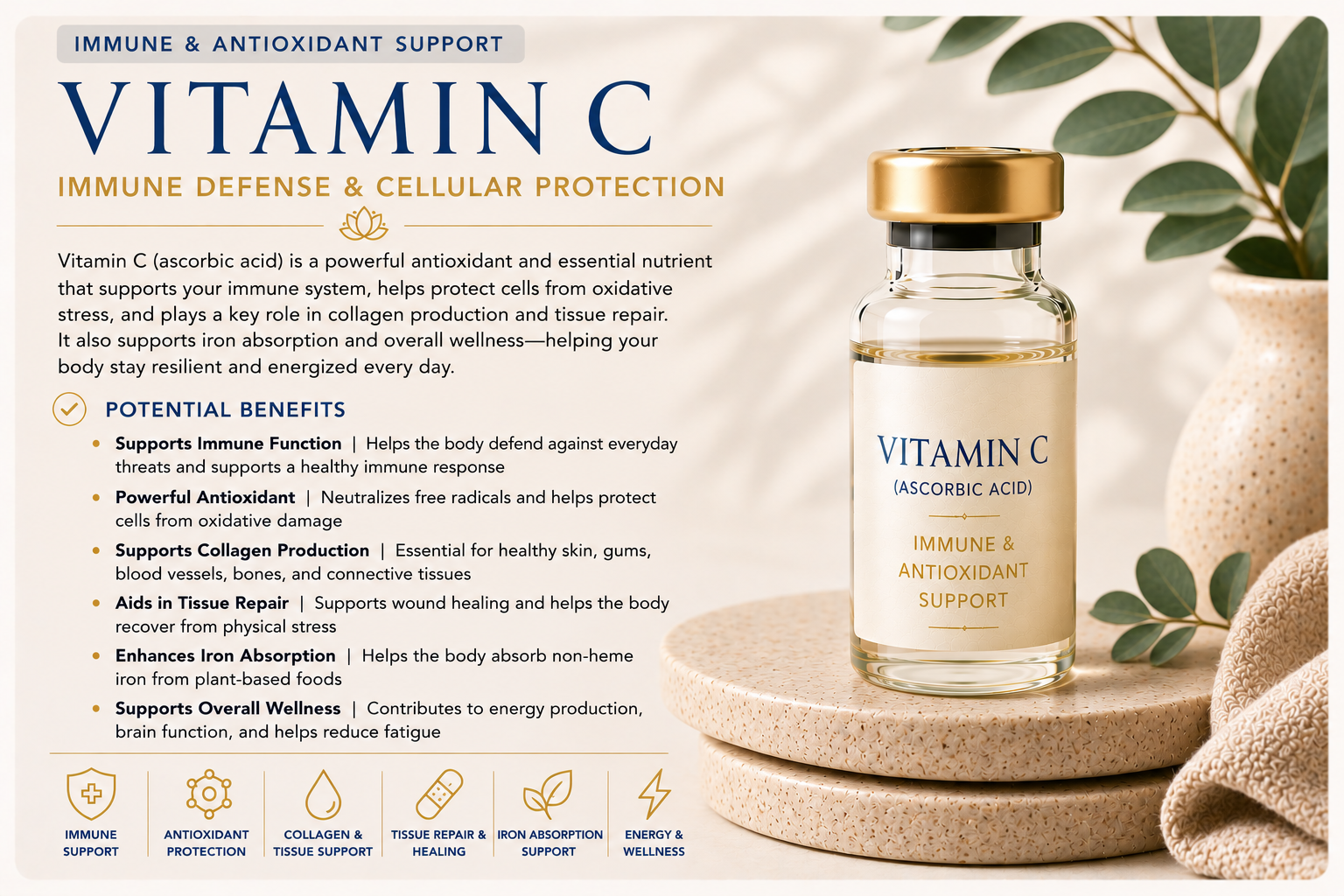 Educational wellness graphic explaining Vitamin C (ascorbic acid) and how it supports immune function, antioxidant protection, collagen production, tissue repair, iron absorption, and overall wellness.