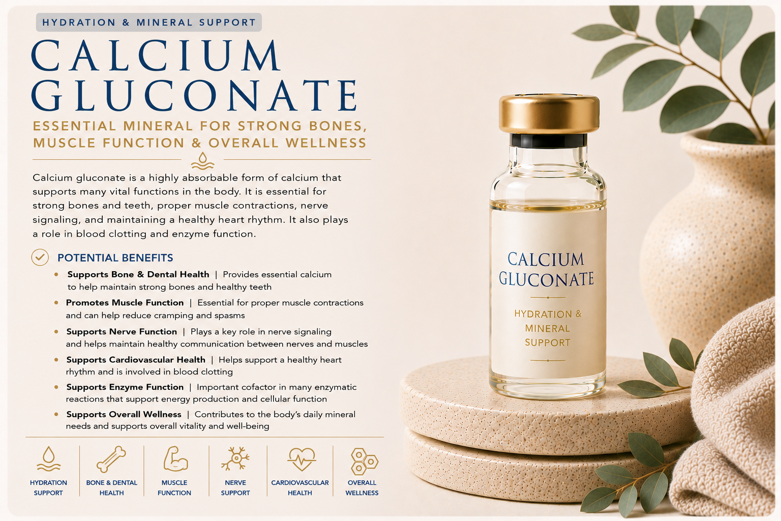 Educational wellness graphic explaining Calcium Gluconate and how it supports bone health, muscle function, nerve signaling, cardiovascular health, mineral balance, and overall wellness.