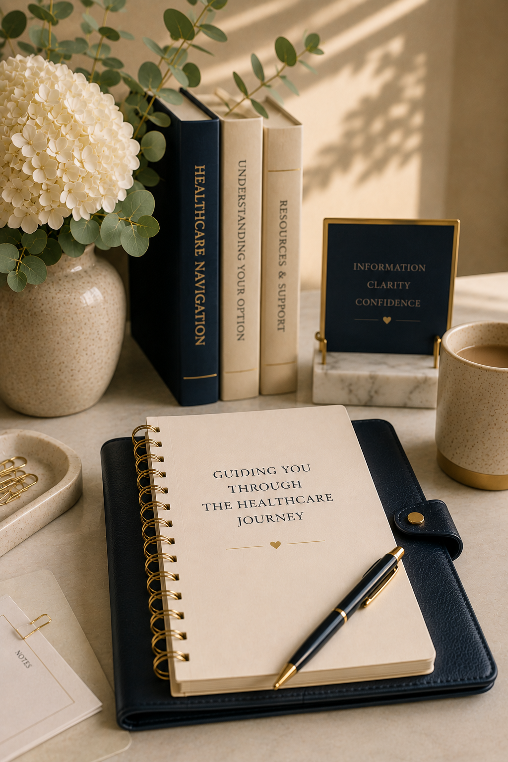 Professional healthcare navigation workspace with educational books and planning notebook representing nurse-led healthcare guidance, patient advocacy, and healthcare navigation.