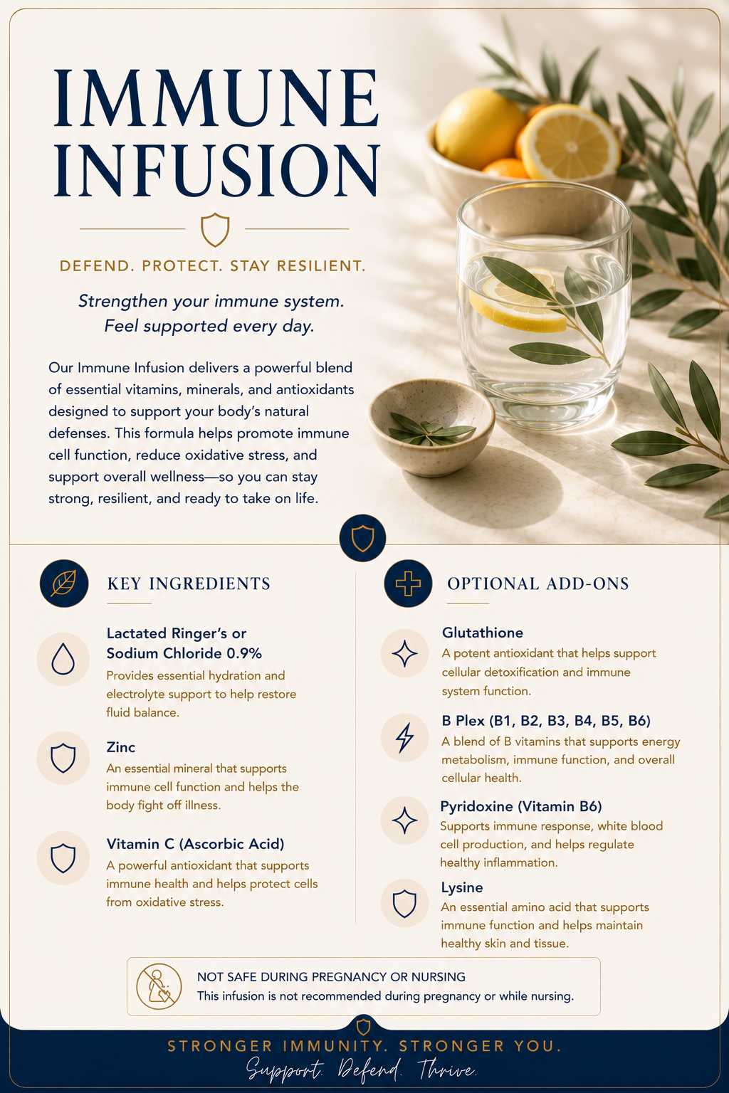 Educational wellness graphic explaining the Immune Infusion and how it supports immune health, antioxidant protection, hydration, and overall wellness. Features Zinc, Vitamin C (Ascorbic Acid), and a hydration base with optional Glutathione, B Comple