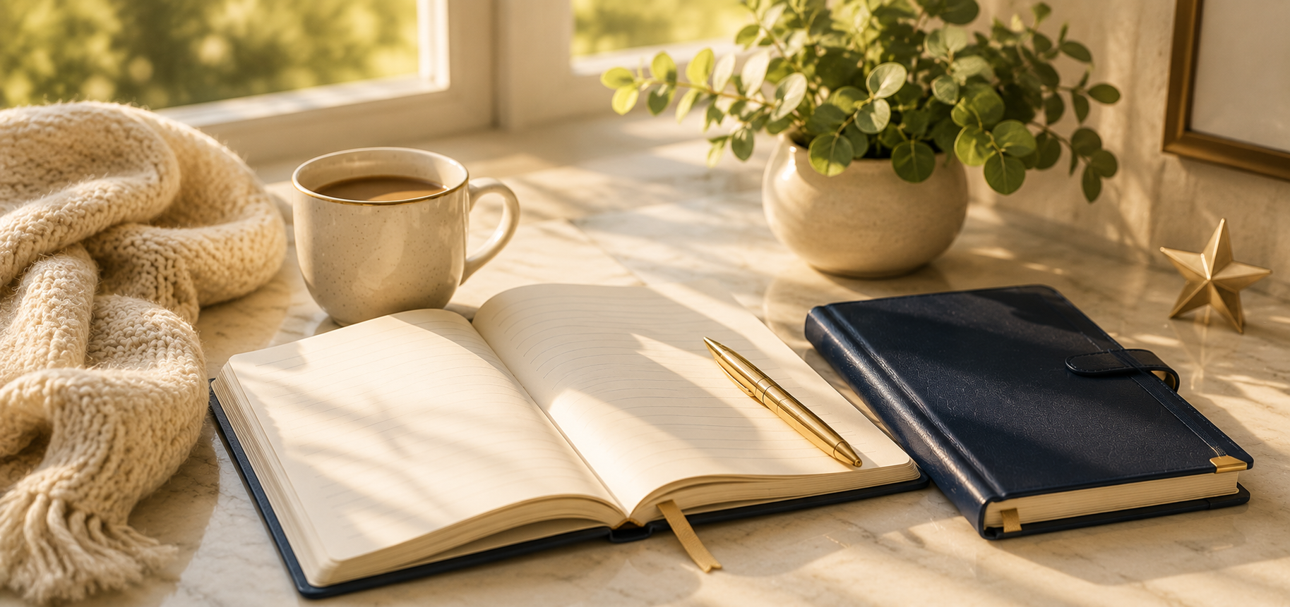 Peaceful journal, planner, and coffee beside a sunlit window representing confidence, preparation, and feeling informed before a healthcare appointment.
