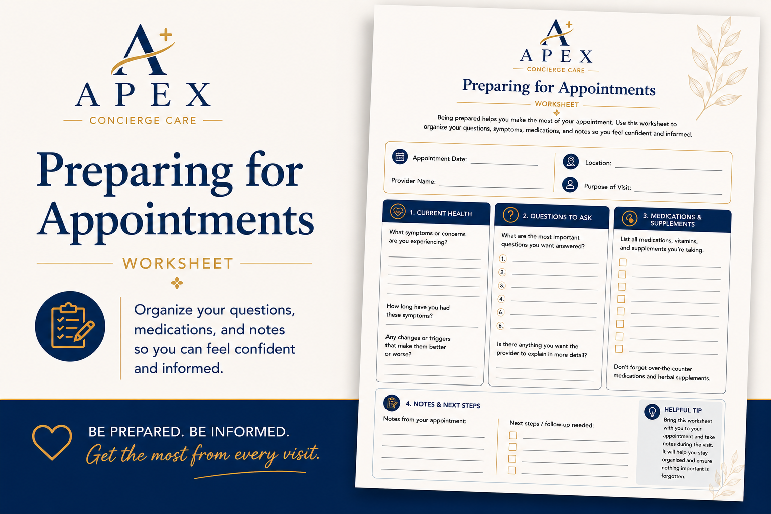 Free Appointment Preparation Planner printable from Apex Concierge Care to help patients organize medical records, questions, medications, and healthcare appointments.