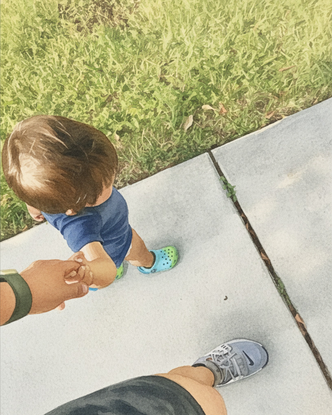 water color image of mom holding sons hand on a walk through the neighborhood