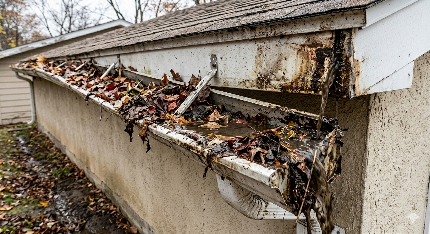 A dirty and clogged gutter filled with dead leaves, with water overflowing and dripping from the downspout, attached to a house's exterior wall.