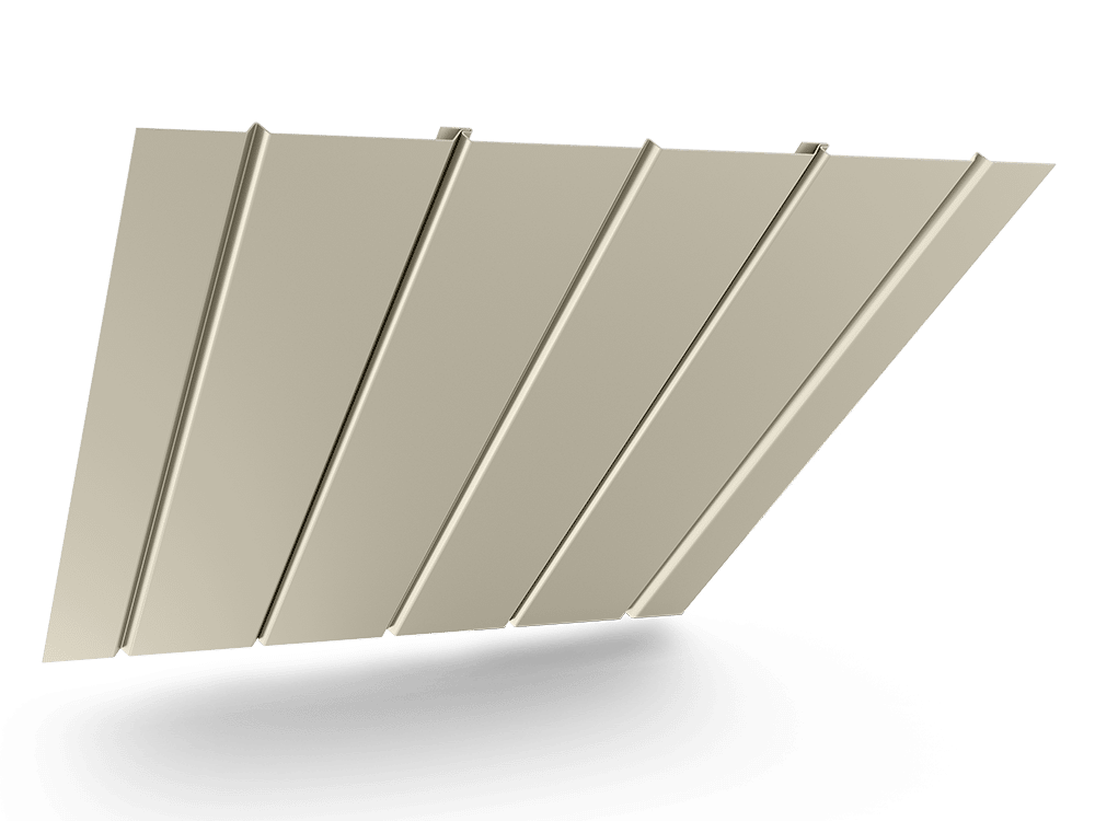 A beige metal panel with vertical ridges, floating against a black background.