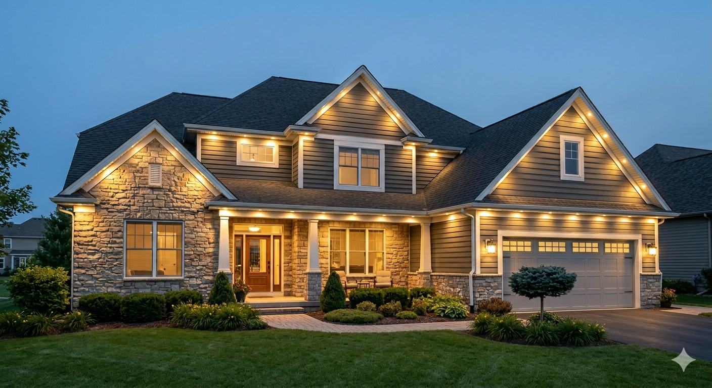 A two-story house with stone and siding exterior, decorated with outdoor lighting, and a manicured lawn and garden in front at dusk.