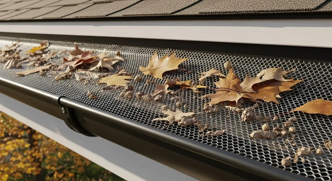 Autumn leaves and acorns on a metal or plastic screen or grate, likely outside, with trees visible in the blurred background.