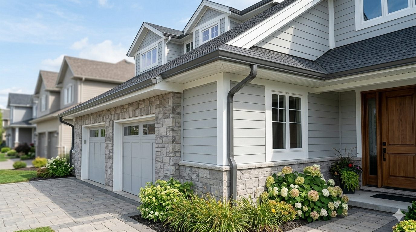 Residential house with a stone and siding exterior, front door, windows, landscaped garden with bushes and flowers, driveway, and garage doors.