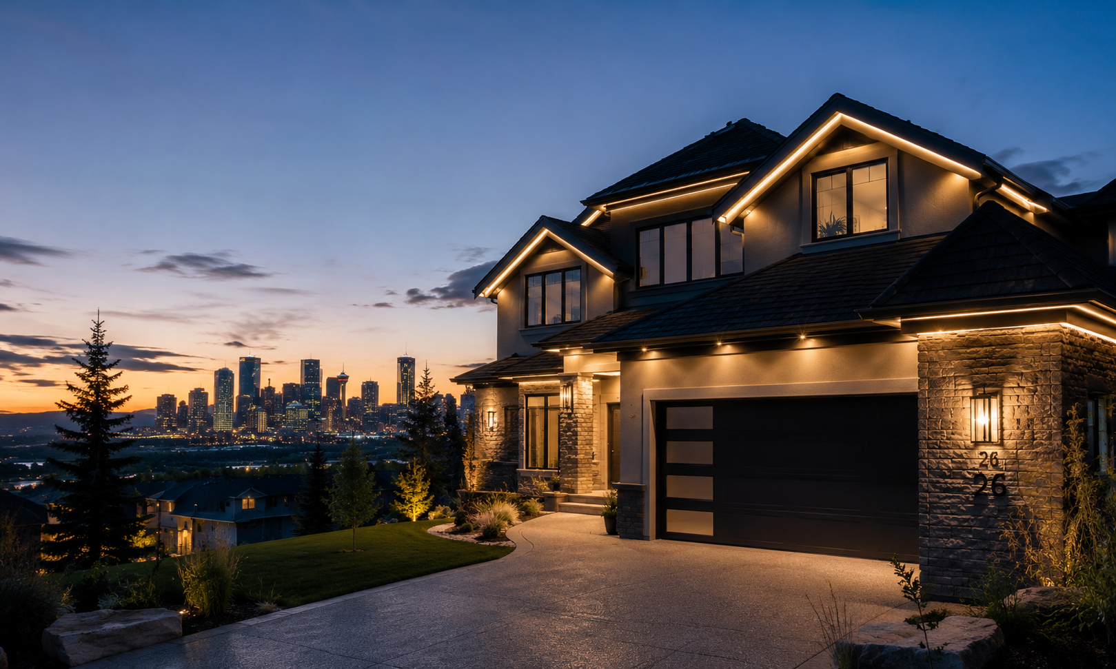 A modern house illuminated at dusk with city skyline in the background.