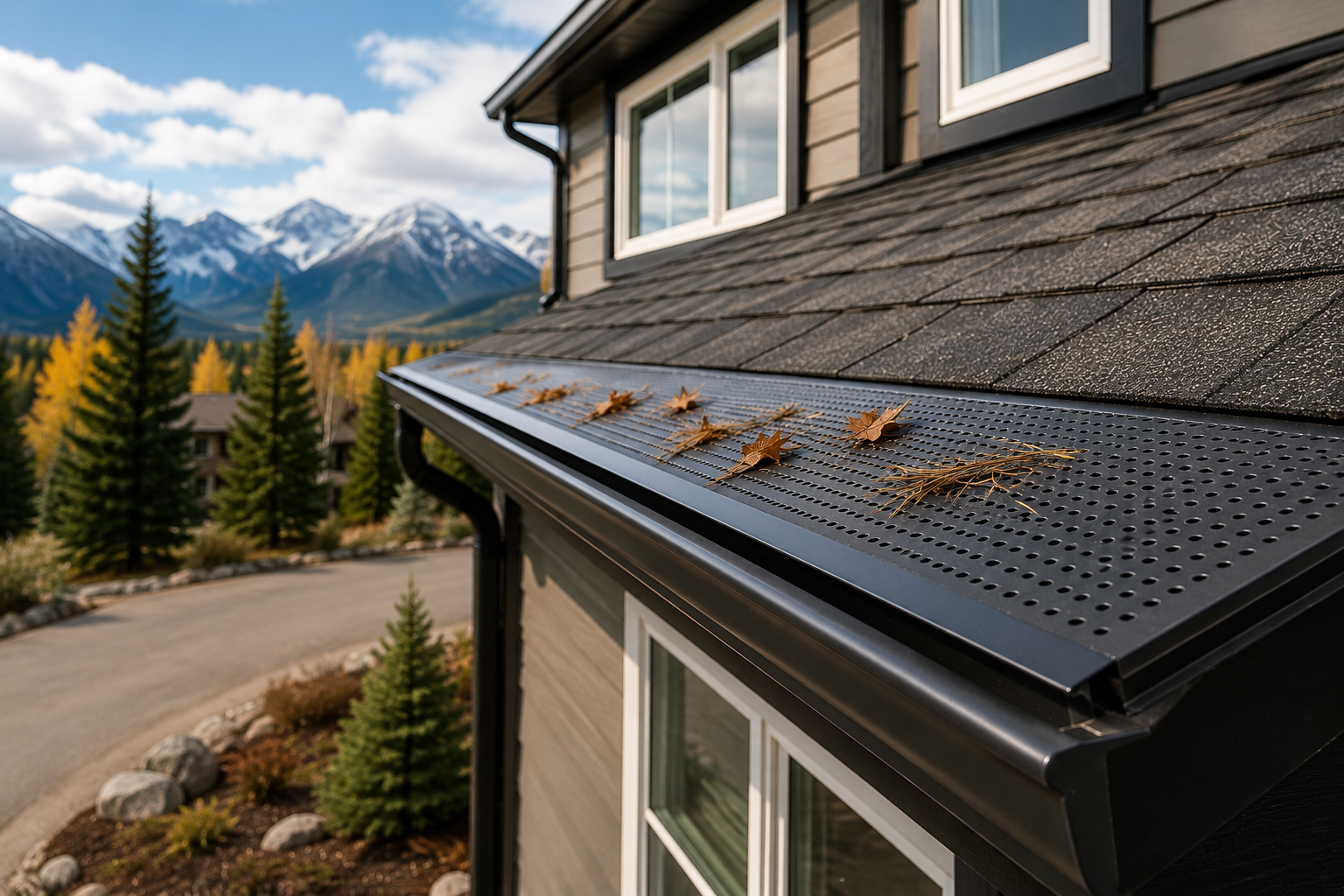 Close-up of a house's roof with a gutter, covered with a few fallen autumn leaves, overlooking a mountainous landscape with pine trees and snow-capped peaks in the background.