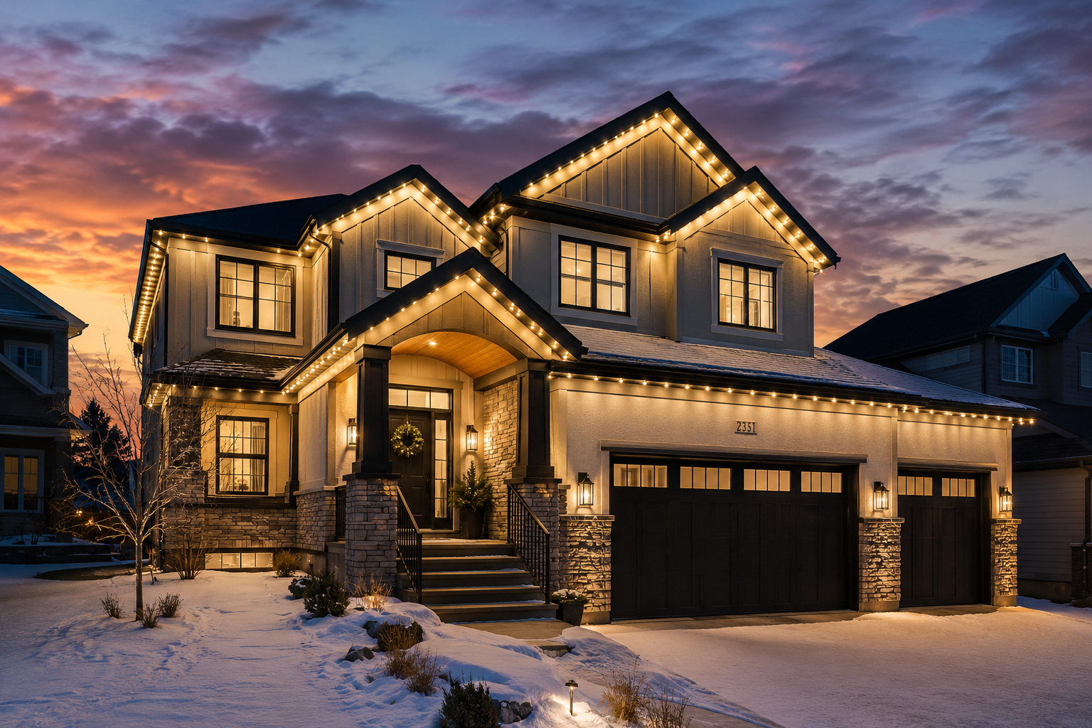 A two-story house with a garage, decorated with string lights along the roofline, during sunset on a snowy evening.