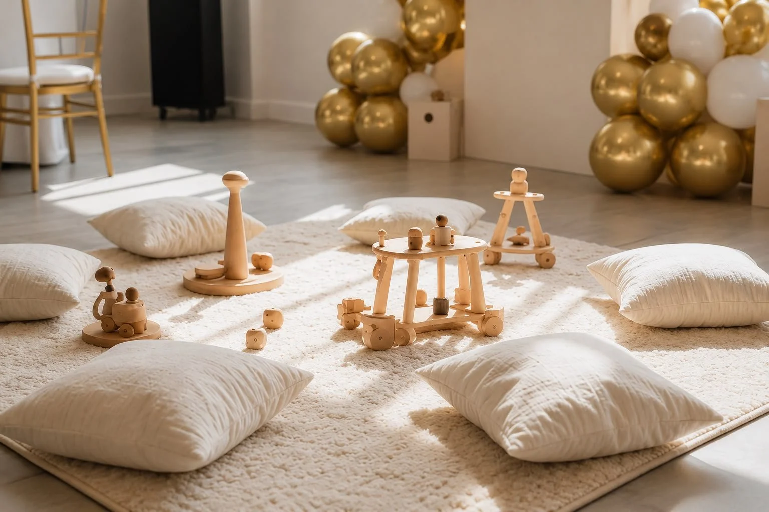 Children's play area with wooden toys, pillows, and balloons in the background
