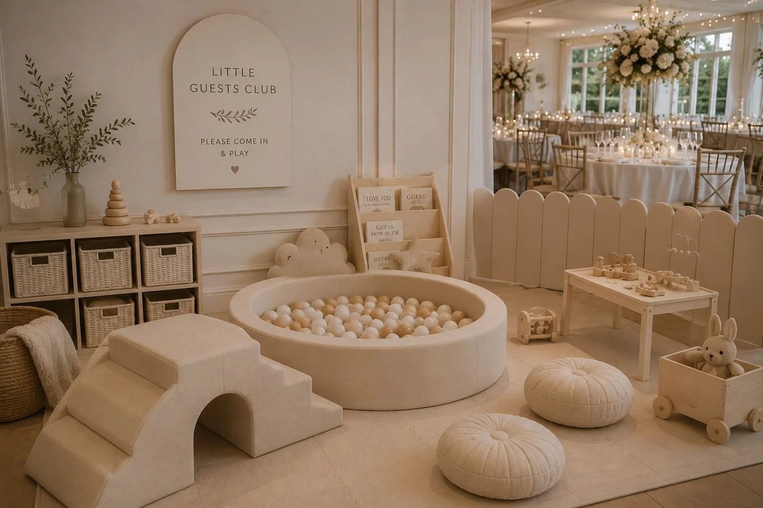 A cozy, neutral-colored children's play area with a ball pit, wooden toys, and soft cushions, set in an elegant event venue with floral arrangements and decorated tables in the background.