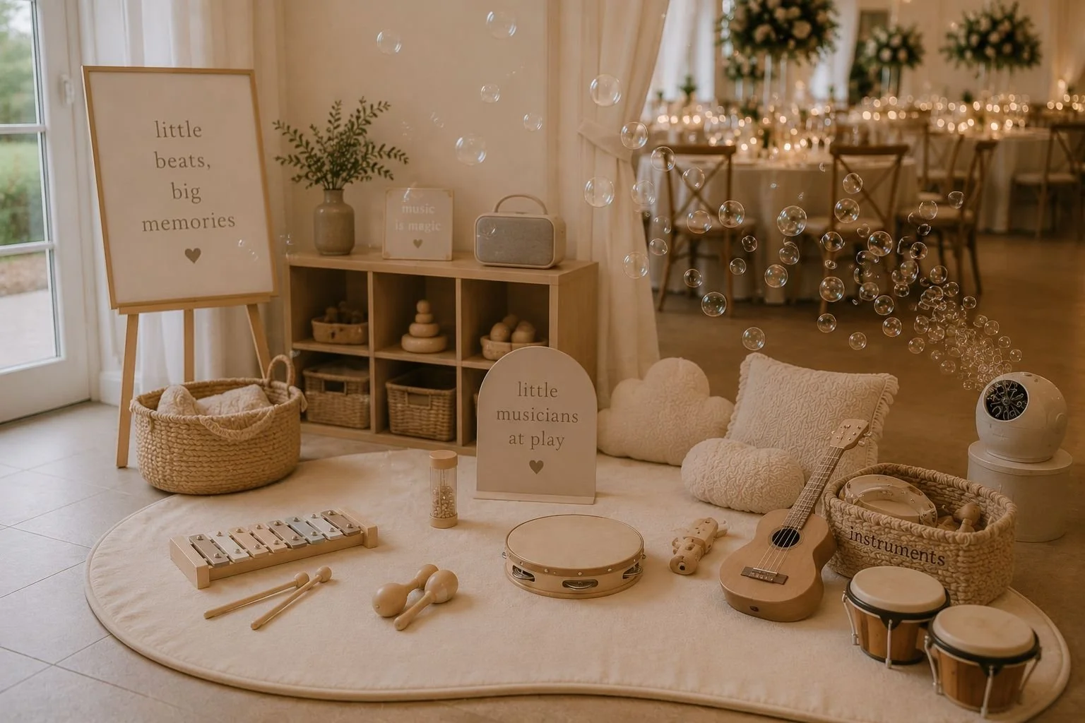 Baby and children's musical toys on a round rug, including a xylophone, tambourines, maracas, a guitar, and rattles, with decorative signs and plush pillows nearby, in a softly lit room with a backdrop of a dining area decorated with flowers and candles.