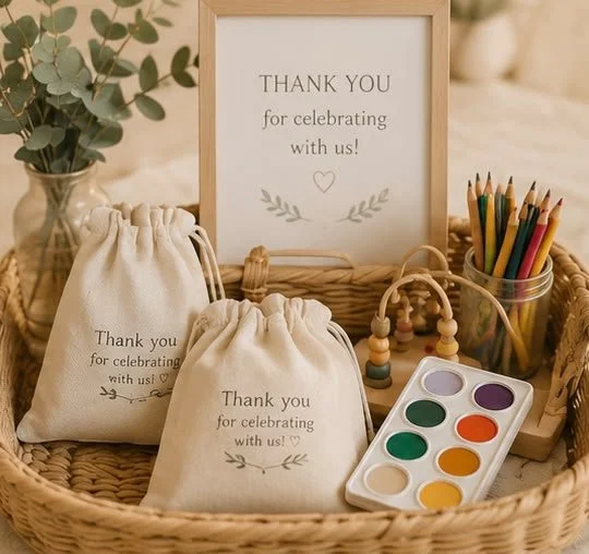A wicker basket containing thank you gift bags, a framed thank you sign, colored pencils, a wooden teething toy, and a watercolor paint set, with a vase of eucalyptus leaves in the background.