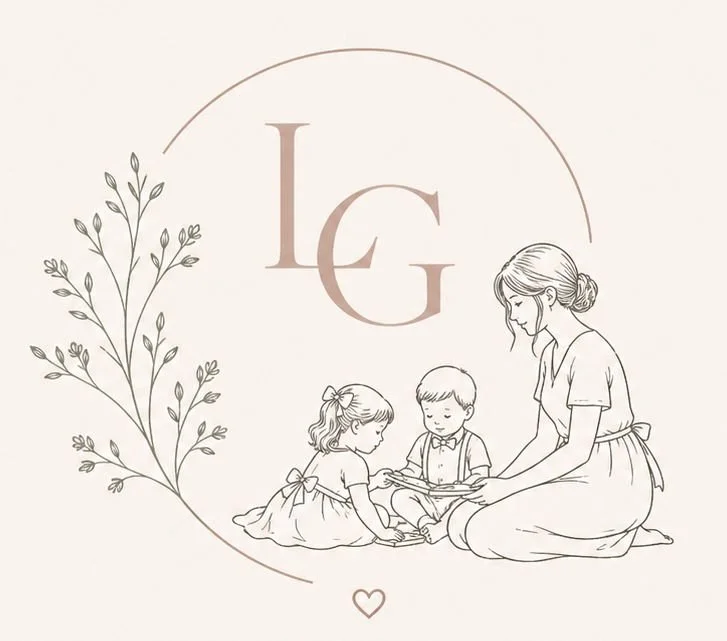 A line drawing of a woman reading a book to two children, a girl and a boy, surrounded by a circle and a branch with leaves, with the initials 'LG' and a small heart at the bottom.