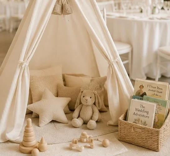 A cozy indoor play area with a cream-colored teepee tent, stuffed toys including a bunny and star-shaped pillow, and a basket of children's books.