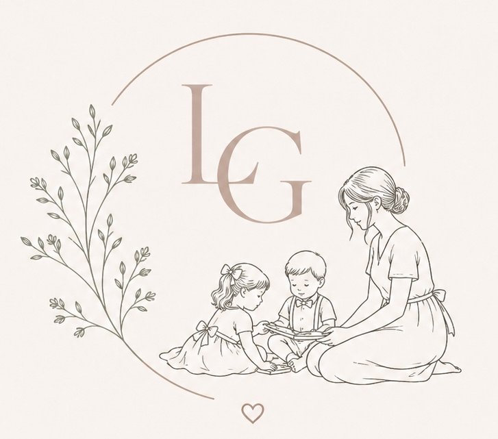 Line drawing of a woman reading to two young children, a girl and a boy, on a light background with initials "LG" and a heart symbol.