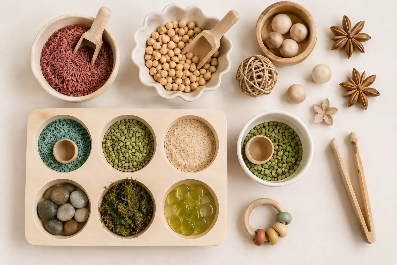 Assorted colorful craft supplies including beads, stones, wooden balls, and decorative items on a table.